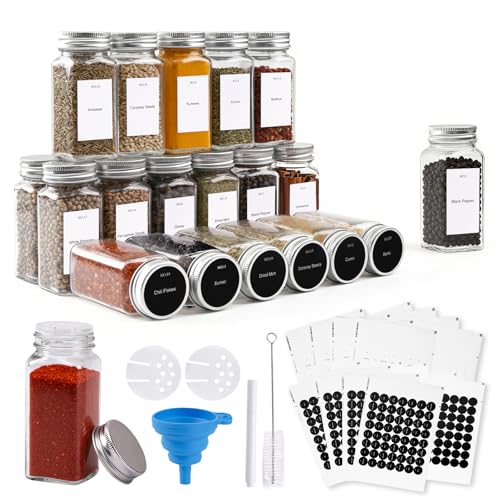 SKY-TOUCH 24 PCS Spice Jars with Labels Glass Spice Jars with Shaker Lids Seal Seasoning Jars with Labels for Kitchen Spice Cabinet Drawer 120ml Glass with Collapsible Funnel and Mark pen