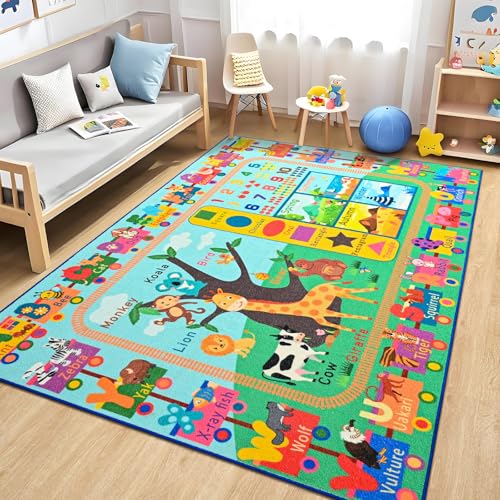 Kids Rug for Playroom, 4x6 ABC Educational Carpet for Classroom, Fun Alphabet Area Rugs for Learn Numbers Season Animal Weather and Shapes Playmat for Girls Boys Room Nursery Decor