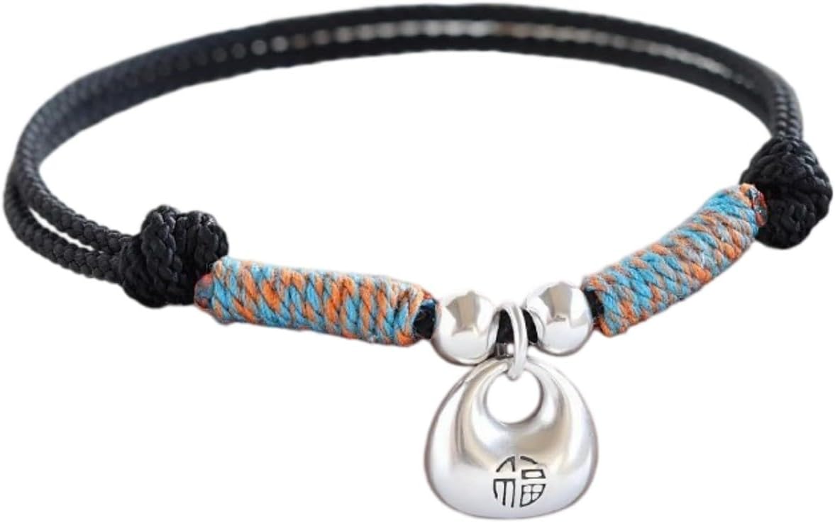 DorkTees (小黑绳) 999实心新中式国风平安锁纯银 Fengshui Jade Bracelet Lucky Charm 手链女生小胖福银饰情侣手绳 Handmade Braided Rope Lucky Bracelet