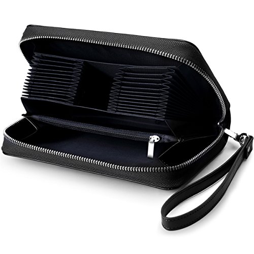 Huztencor Long Wallet Zipper Credit Card Holder RFID Blocking Leather Wallet Men Women Wallets Zip Around with Checkbook Passport Holder Coin Phone Pocket Wrist Strap Wristlet 36 Slots Black