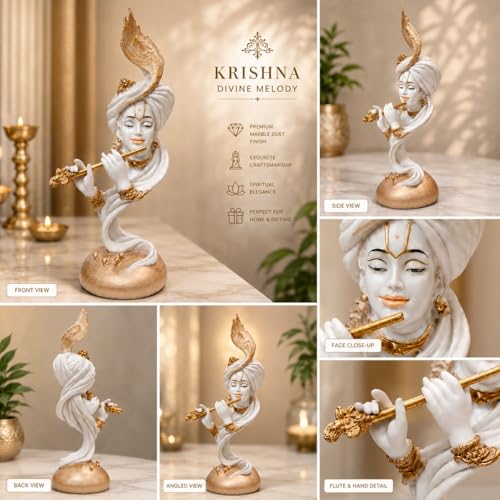 Image of ARMONIA Lord Krishna Idol Marble Dust Statue Murti for Home Decor, Pooja Room & Mandir | Krishna Sculpture Showpiece for Living Room| Housewarming Gift | 22.83 Inch | (Includes Microfiber Cloth)