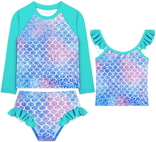 3 Pcs Girls Long Sleeve Swimsuit Rash Guard Swimsuit Quick Dry Tankini Bathing Suits Girls' Swimwear 4-8 Years