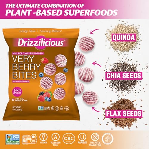 Drizzilicious Mini Rice Cakes Very Berry - Rice Crisps, Healthy Snack for Adults and Kids, Flavored Rice Cakes, Vegan, Gluten Free, Allergen Free, Only 90 Calories Per Bag - .74 oz (Pack of 10)