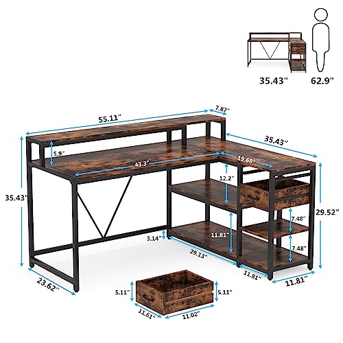 Image of Tribesigns Reversible L Shaped Desk with Drawer, Brown Corner Desk with Storage Shelves and Monitor Stand, Writing Table for for Small Space (Rustic)