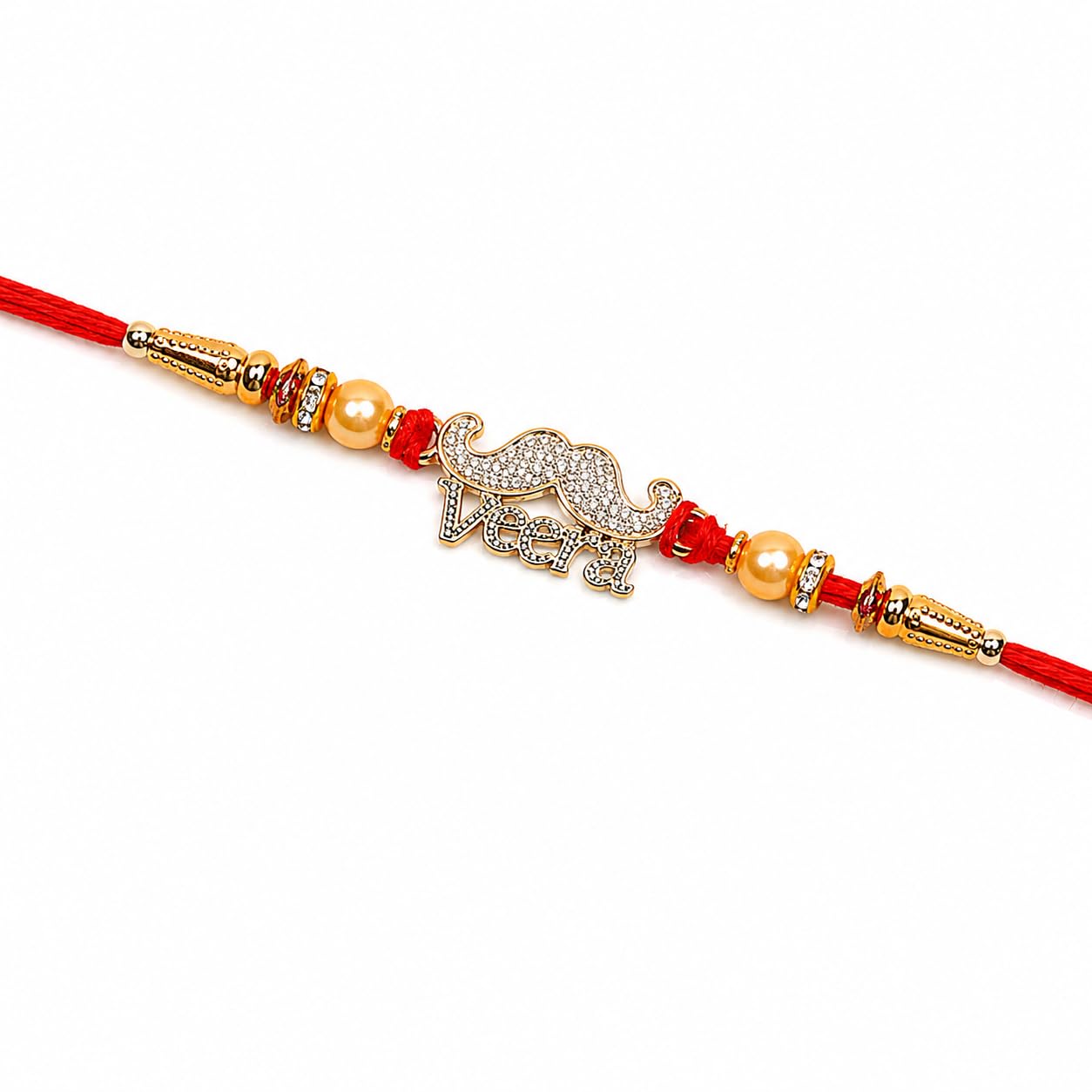Premium Veera Rakhi for Brother | Handmade Designer Raksha Bandhan with Silver Veera Charm, Pearl Beads & Gold-Tone Accents | Traditional Personalized Thread Gift for Bhai | 1 Pc-image-41