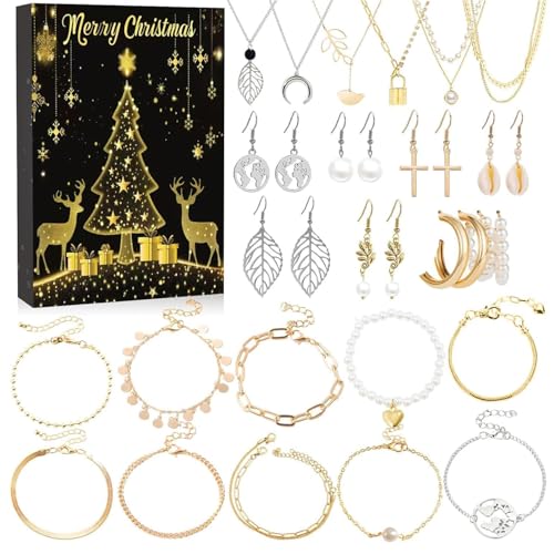 Image of HASTHIP Christmas Gift Box 2025 Advent Calendar Surprise Jewelry Box, Includes 24Pcs Assorted Fashion Bracelets, Necklace, Hook Earrings, Christmas Gift for Women Girls