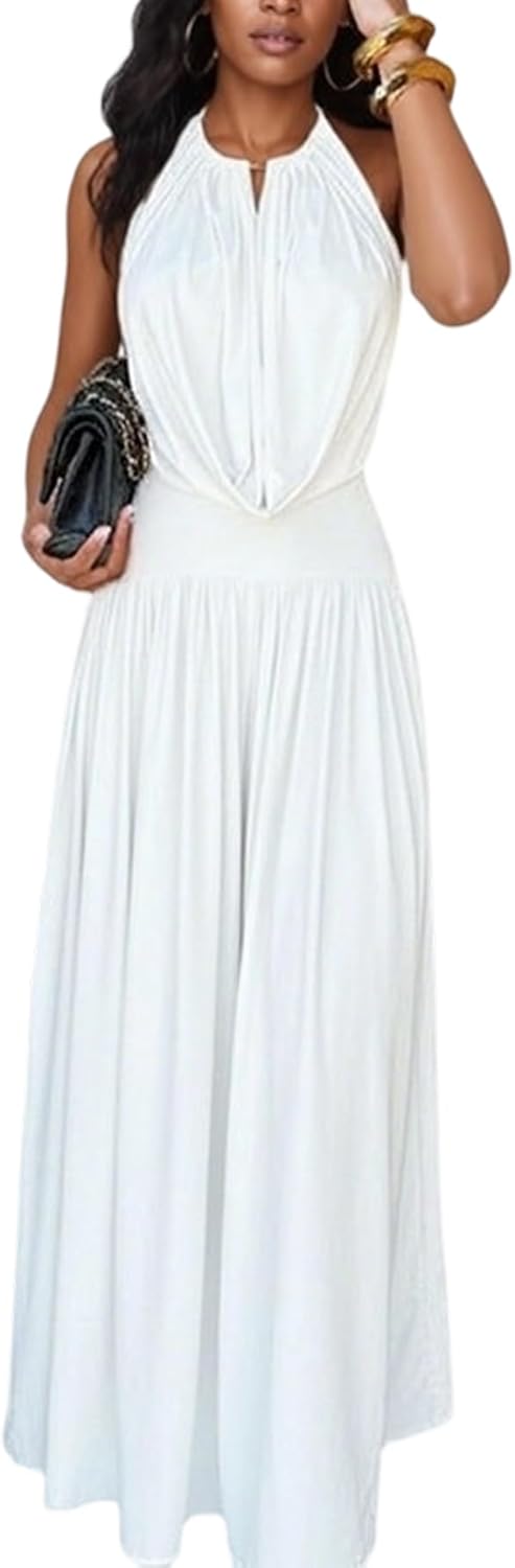 Molisry Women's 2 Piece Pants Sets Outfits Ruched Backless Halter Tops Matching Wide Leg Palazzo Jumpsuits