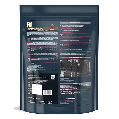 Image of MuscleBlaze Super Gainer XXL Powder, Chocolate (30 Servings, 3kg / 6.6lbs) | 15g Protein, 75g Carbs Per Scoop | High Protein Muscle Mass Gainer