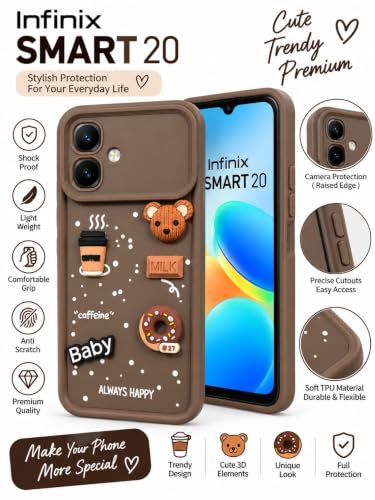 Image of Bintage Back Cover Compatible ForInfinix SMART 20 4G | Cute 3D Taddy Ball Bear Milk Cake Coffee Silicon Case Full Body & Camera Protection - Brown