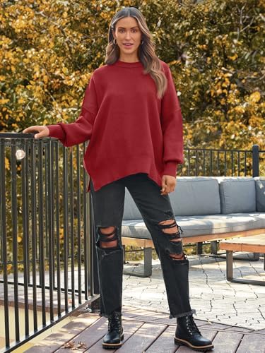 Image of LILLUSORY Women's Oversized Batwing Sweaters 2026 Fall Outfits Trendy Crewneck Knit Side Slit Fashion Pullover Tops