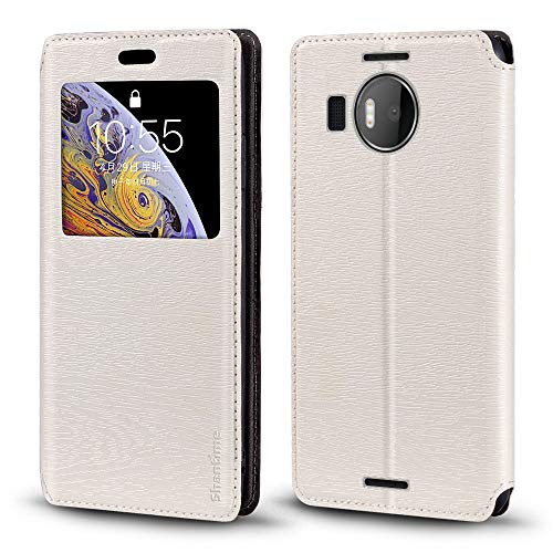 Shantime Sichtfenster-Lederhülle Kompatibel mit Microsoft Lumia 950 XL, Elegantes Design mit Klarsichtanzeige, Unsichtbarem Magnetverschluss & Kartenfach(Weiß)