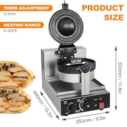 1300W kommerzieller Burger-Waffelmaker,Waffeleisen mit antihaftbeschichteten Platten,5-Minuten-Timer und 300°C Temperaturregelung,Heißpress-Hamburger-Toaster für süße und herzhafte Füllungen – Bild 5