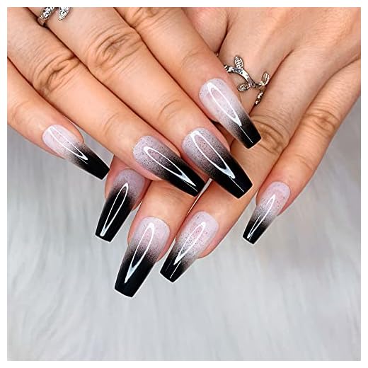 Artquee 24pcs French Black Ballerina Ombre White Long Coffin Glossy Fake Nails Press on Nail False Tips Manicure for Women and Girls