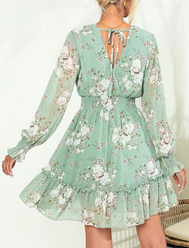 Image of Prettywear Women's Chiffon Long Sleeve Wrap Neck Wedding Guest Mini Dress | Wrap V Neck Smocked Waist Flowy Dress, Spring Fall Outfits for Cocktail, Vacation, Date Night Party