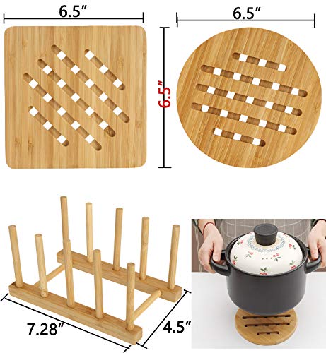 image for Lawei 8 Pack Bamboo Trivets with Dish Rack - Bamboo Trivet Mat Bamboo 