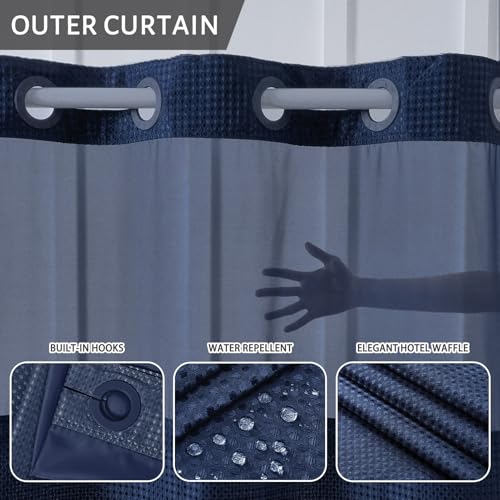 Image of Furlinic No Hook Waffle Weave Shower Curtain with Snap in Fabric Liner Set,Heavy Duty Textured Bathroom Curtain with See Through Window,Waterproof & Machine Washable,Navy Blue,Stall 48x72 Inch