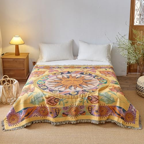 HOORDRY Boho Sofadecke mit Fransen 180x230 cm, Doppelseitige Vintage Tagesdecke mit Sonnenmotiv, Langlebige & Atmungsaktive Sofa Überzug, Bettüberwurf, Wandteppich & Teppich,Ganzjährig Nutzbar