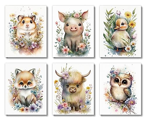 Image of Brooke & Vine Baby Watercolor Farm Animals Nursery Decor Wall Art Prints (UNFRAMED 8x 10 Set of 6),Woodland Farmhouse Gender Neutral Toddler, Baby Girl, Classroom,Duck Owl Fox Mouse Highland Cow Pig