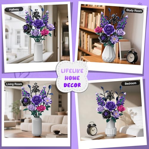 Purple Rose Building Blocks Set for Kids, 701PCS Flower Bouquet Toy, DIY Artificial Plant Gift for Girls, Women, Valentine's Day, Birthday, Mother's Day, Halloween Home Decor - Image 7