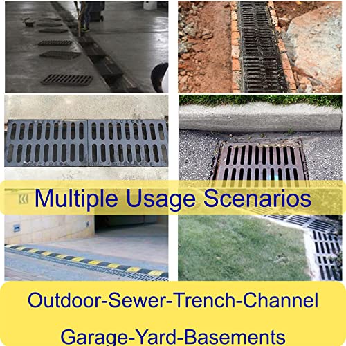 Image of Cast Iron Drain Grate, Driveway Channel Cover 20x12 in B-Class | Heavy-Duty Outdoor Trench Drainage, Black Rectangle Metal Sewer Cover for Garage, Yard, True 19.7x11.8