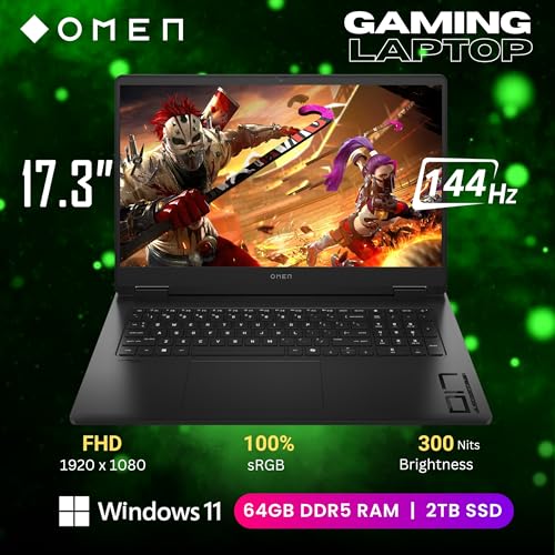 Image of HP OMEN AI Gaming Laptop, 17.3 144Hz FHD Display, AMD Ryzen AI 9 365(>i9-13900H), GeForce RTX 5060, Copilot, RGB Backlit Keyboard,1080p Webcam, WiFi 6E, Windows 11 Home, Black(64GB DDR5 RAM | 2TB SSD)