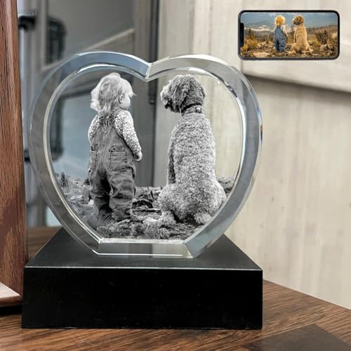 PD 3DPIXDANCE Dog Memorial Gifts for Pet Loss – Personalized Crystal Photo for Dogs & Cats, Custom Laser Etched Crystal (Heart Shape, Large-Size)