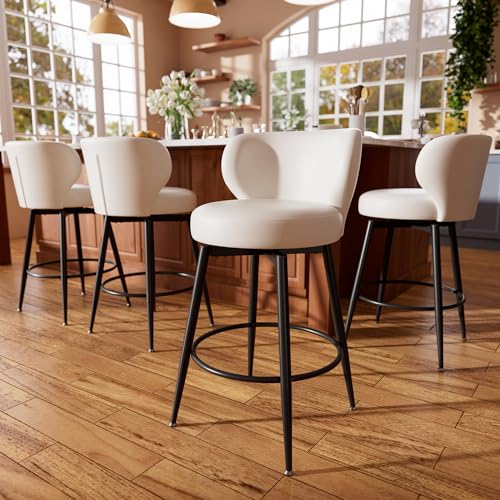 Image of 26 inch Cream White Bar Stools Set of 4, Swivel Kitchen Island Chairs