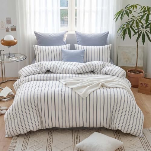 Image of Nayoroom Blue Striped Duvet Cover Queen White Pinstripe Coastal Bedding