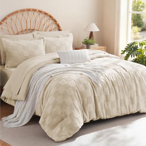 Image of MR&HM Queen Comforter Set 7 Pieces, Checkered Boho Tufted Bed Set Beige | Farmhouse Vintage Bed with Plaid Geometric Design, All-Season Bed in A Bag Comforter with Sheets, Pillow Shams & Pillowcases