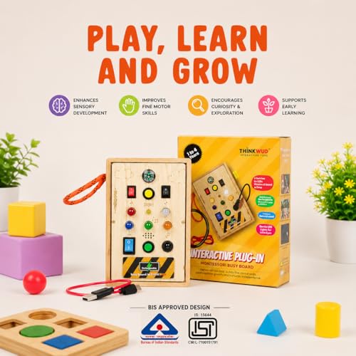 Image of Interactive Plug-in (Rechargeable), Montessori Busy Board for Toddlers 1-6 Years, Sensory Toy with Lights & Switches, Fine Motor Skills, Hand Eye Coordination, Screen-Free Travel Toy, BIS Certified