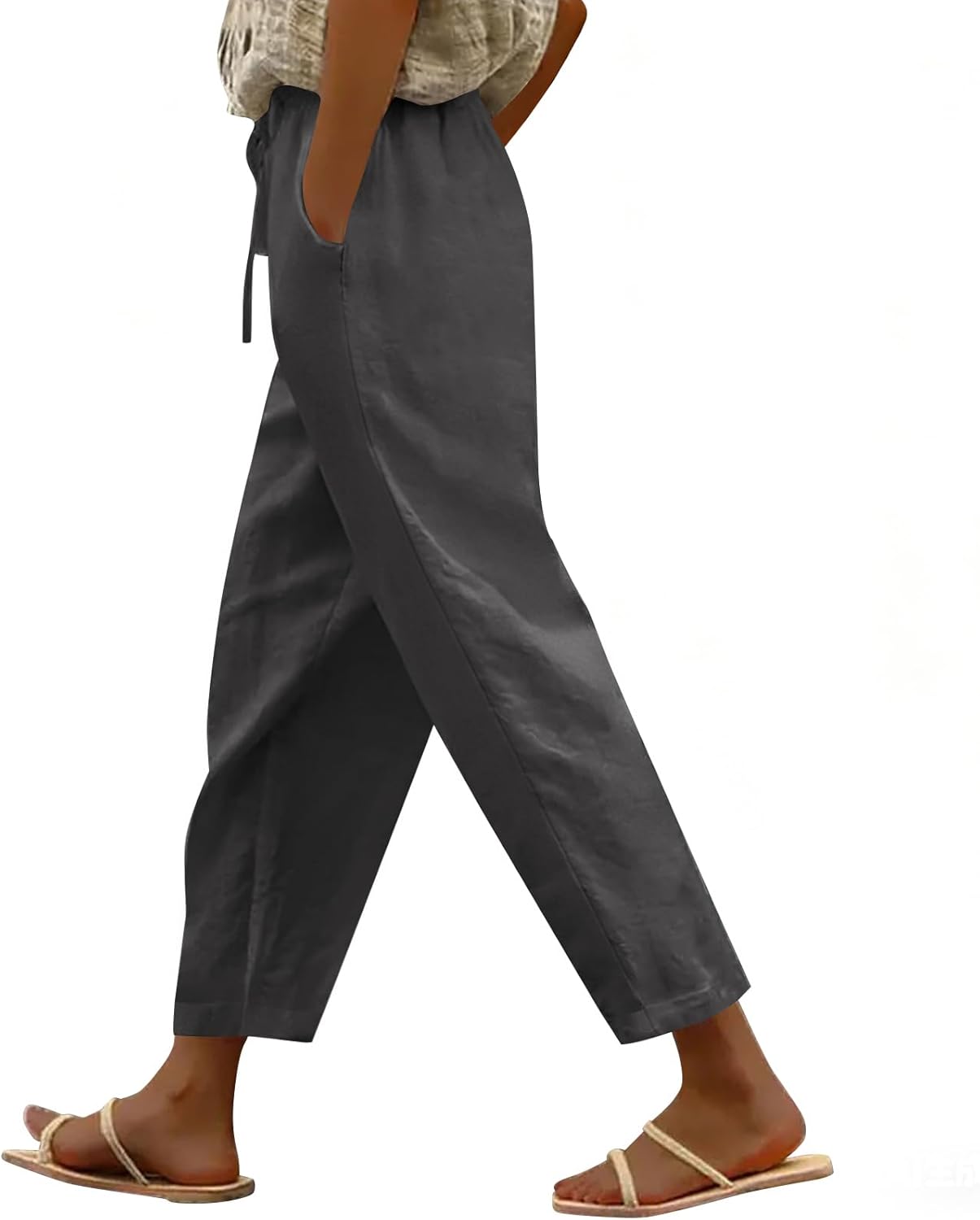 Puimentiua Cotton Linen Pants Women Casual Lightweight Elastic Drawstring Waist Summer Vacation Beach Pants with Pockets