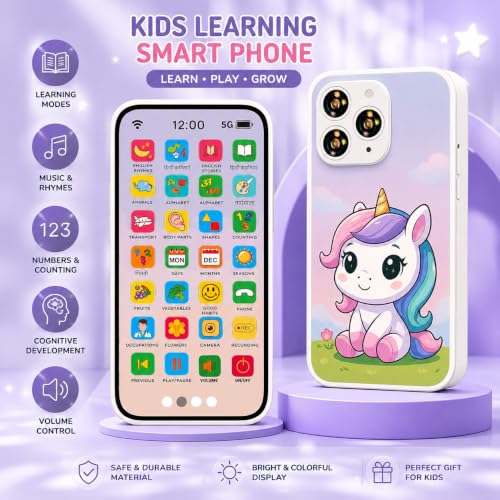 Image of Educational Toy Mobile Phone for Kids (2+ Years), Rechargeable 28 Learning Functions, Screen-Free Interactive Play Smart Phone, Sounds, Music, Numbers, Animals, Colors, Gift (Unicorn)