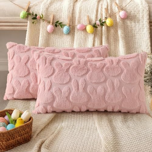 Image of decorUhome Easter Bunny Pillow Covers 12x20 Inch Set of 2, Soft Plush Faux Wool Jacquard Pink Rabbit Cushion Covers, Farmhouse Neutral Spring Easter Holiday Decor for Couch Sofa Bed
