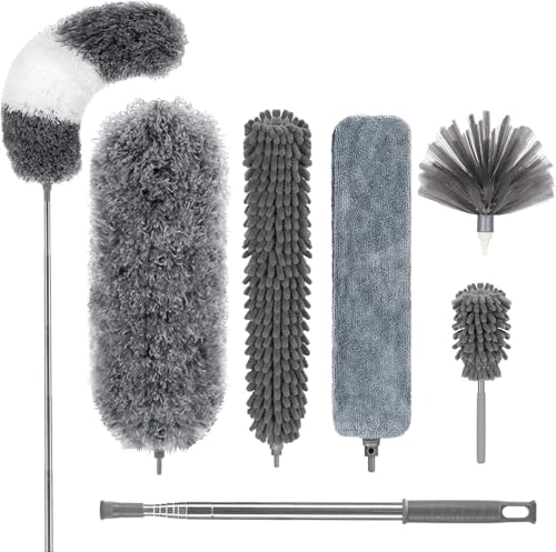 Microfiber Feather Duster 7 PCS Reusable Bendable Washable Cobweb Duster with 100 inches Extra Long Extension Pole for Cleaning Ceiling Fan High Ceiling Blinds Furniture & Cars