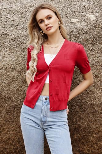 Image of Arach&Cloz Women's Lightweight Spring Summer Business Casual Cropped Short Sleeve Cardigan