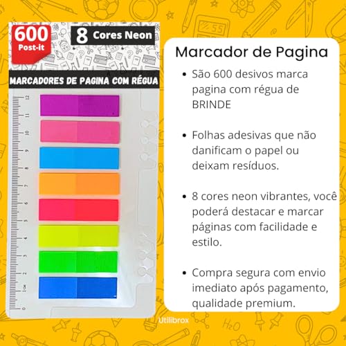 Kit 600 Folhas Marcador de Paginas, 3 Pacotes Marca Pagina com 8 cores Neon, Post-it + Régua 12cm UT
