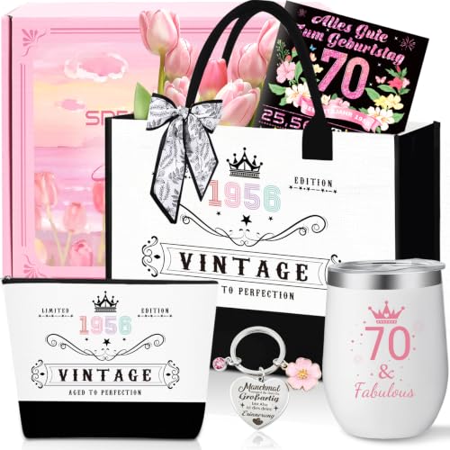 70.Geburtstag Geschenk Frau Vintage 1956 Canvas Einkaufstasche Tragetasche Kosmetiktasche 7 Set mit Becher Strohhalm Grußkarte 70. Geburtstagsgeschenk für Mama Freundin Kollegin oder Schwester