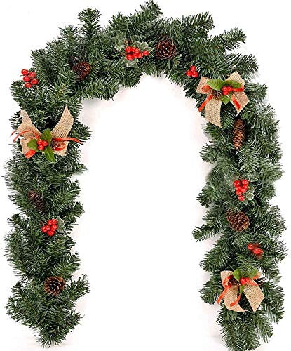 HSKbcim 1.8 M Weihnachtsgirlande mit Beleuchtung Lichterkette, Weihnachtsdeko Künstliche Tannengirlande Beeren Zapfen Geschmückt Weihnachten Dekoriert für Kamine Treppen Wand Tür Cover