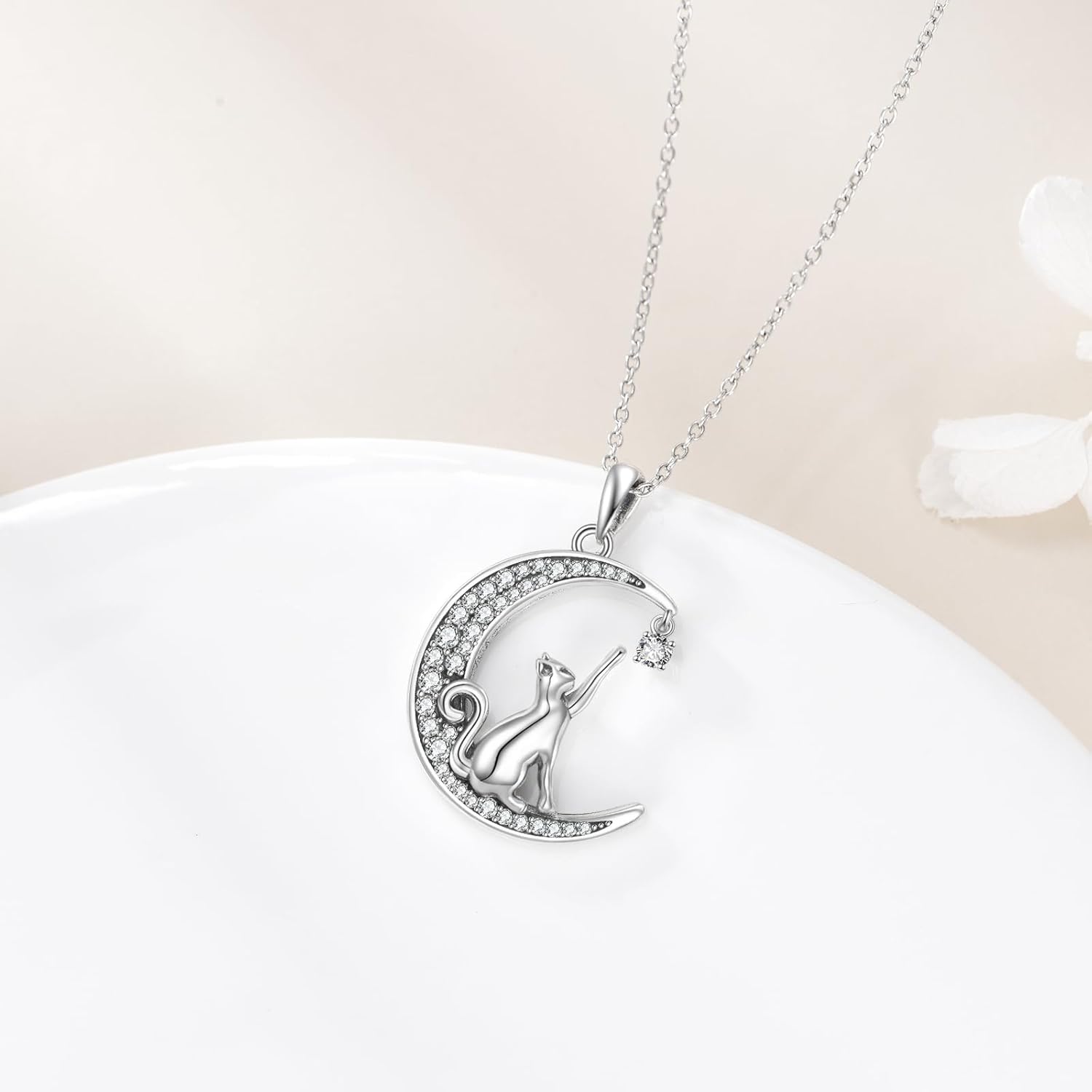 Cat Necklace Sterling Silver Moon Pendant Cat Jewelry Gifts for Women - Image 2