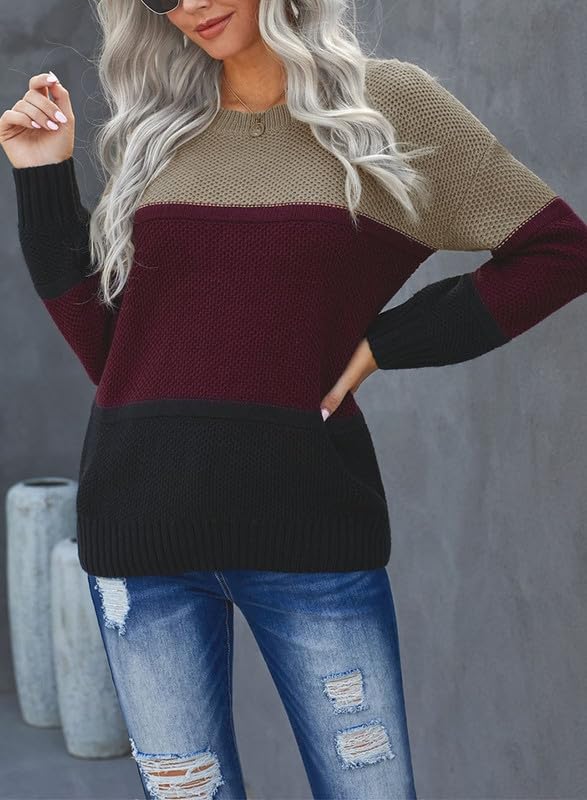 Image of Dokotoo Womens Color Block Sweaters Long Sleeve Pullover Knit Tops | Winter,Cable Knit,Casual,Loose,Striped,Soft,Warm