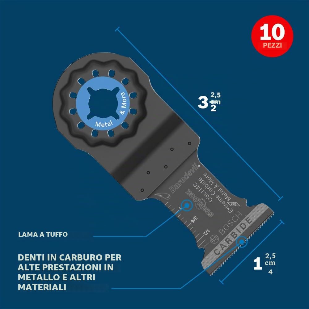 BOSCH Starlock OSL114C-10 - Confezione da 10 lame oscillanti multiuso in metallo e carburo di carburo per tagliare barre di ferro, metallo, legno con chiodi, cartongesso e piastrelle