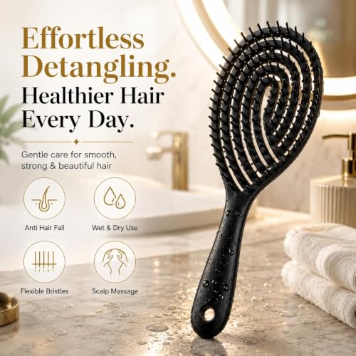 Image of Detangling Hair Brush for Women & Men- Anti Hair Fall Comb for Curly, Wavy & Straight Hair | Hair Straightening Brush, Wet & Dry Styling Brush | Scalp Massager, Frizz Control & Tangle (vented paddle Black)