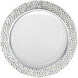  Decorline- vajilla de Luxe de uso único blanco con borde en plata – efecto martillado – party-jetable – plástico rígida. 10.25\"-26cm Plates blanco