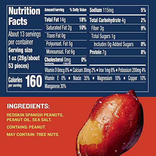 Image of PLANTERS Redskin Spanish Peanuts, Roasted Salted Peanuts, Plant Based Protein 12.5oz (1 Canister) (Pack of 2)
