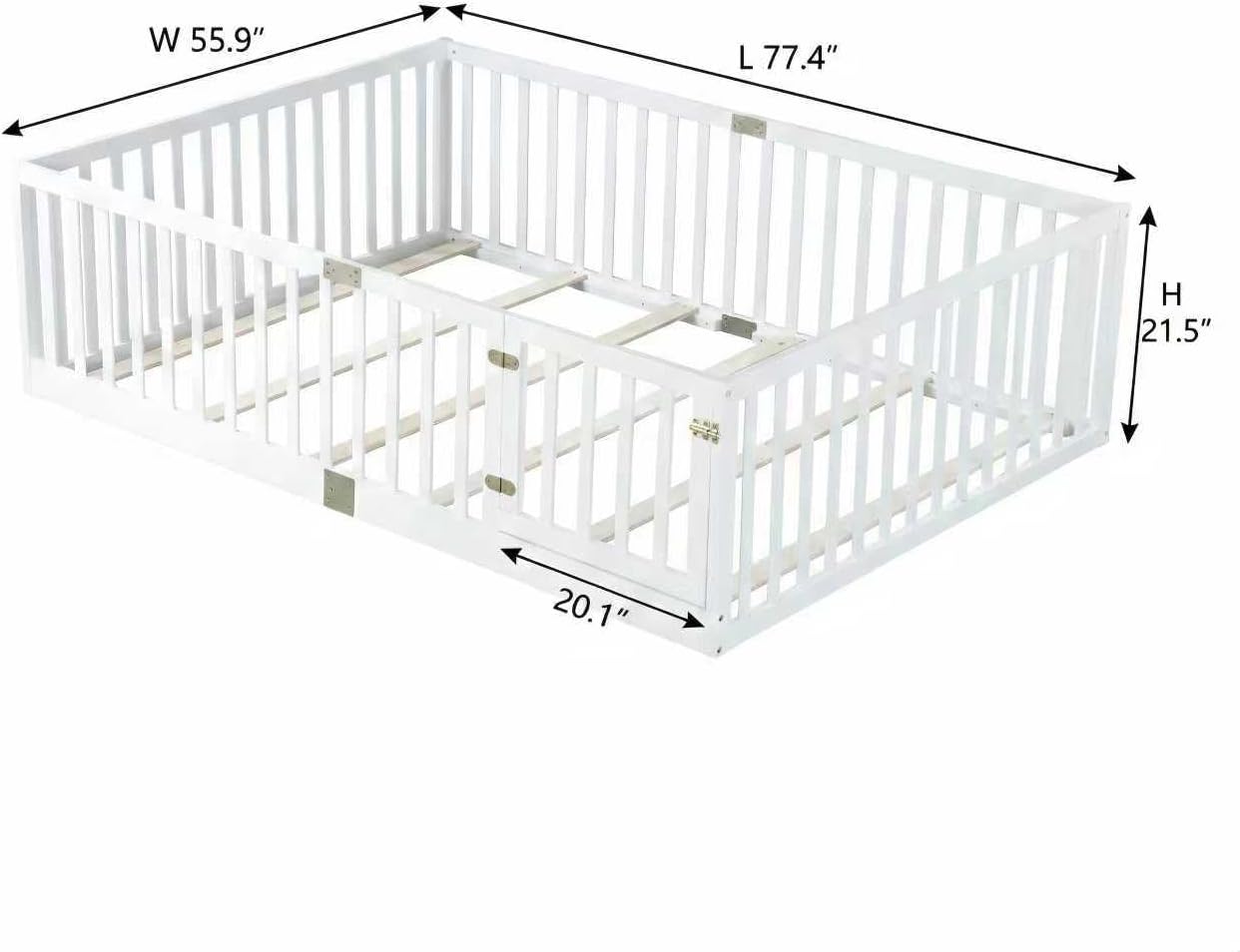 Bellemave Full Size Montessori Floor Bed with 21.5" High Rails, Rubber Wood Floor Bed with Slats and Door, White Full White With 6 Slats