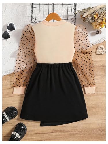 Image of Floerns Girl's 2 Piece Outfit Heart Mesh Puff Long Sleeve Top A Line Bow Short Skirt Set Khaki Multi 10Y