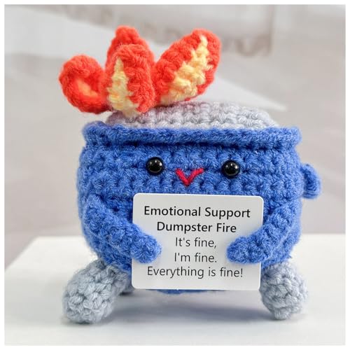 Image of Emotional Support Crochet Dumpster Fire with Positive Card Cute Room Decor Knitted Toys Funny Crochet Support Buddies Gifts for Friends (Dark Blue)
