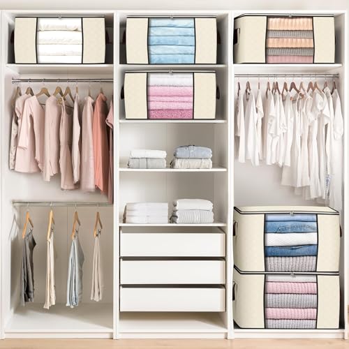 Image of 90L Large Storage Bags, 10 Pack Clothes Storage Bins Closet Organizers | Foldable Storage Containers, with Reinforced Handle, for Clothing, Blanket, Comforters, Bed Sheets, Pillows and Toys,Beige