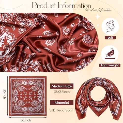SATINIOR 35 Inch Silky Head Scarf 2 Pcs Large Square Neck Scarf Sleeping Hair Wrapping Satin Bandana for Women(Brown, Light Green,Ethnic Style)3