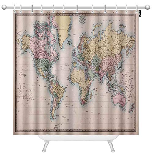 Ofloral World Map Shower Curtain 60X72 Inch Fabric Original Old Hand Colouredon Mercators Projection Circa 1860 Polyester Stall Curtains With Hooks For Bathroom Showers #TOP23